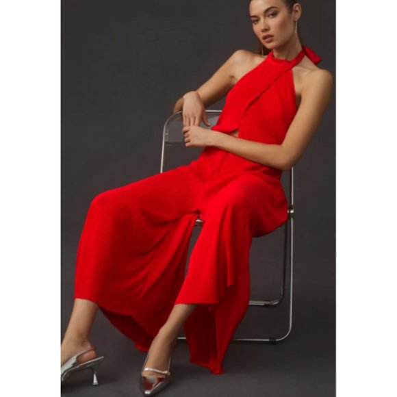 Anthropologie Plisse Halter Jumpsuit in Red 2 - Picture 13 of 13